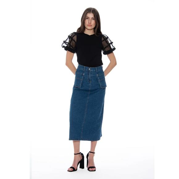 NWT Gracia Blue Denim Midi Skirt Size S High Waist Utility Pockets Jean Skirt - Picture 1 of 7